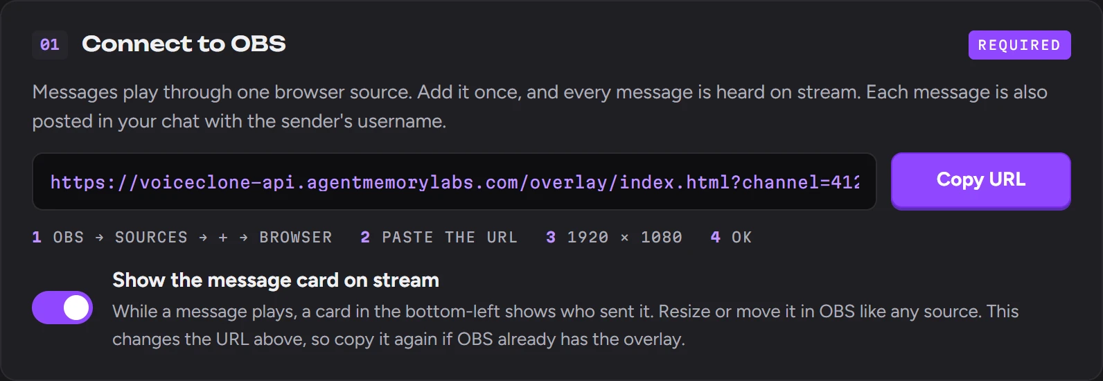 Connect to OBS: the overlay URL with a Copy URL button and a switch for the on-stream message card.